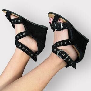 Schutz Black Suede Leather Studs Platform Wedge High Heel Sandals Women's Size 8